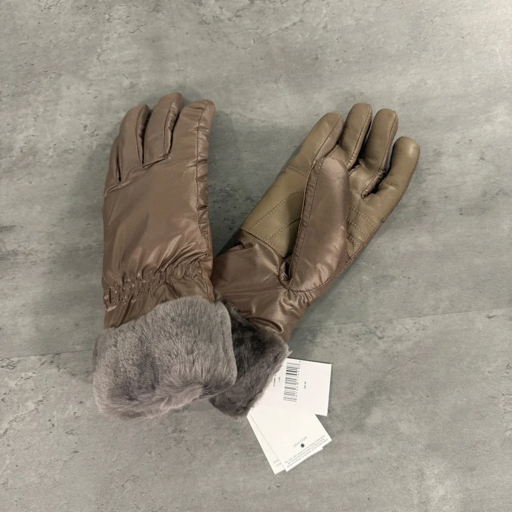 UGG Quilted Tech Gloves Women L/XL Stormy Grey Bronze Brown Shearling Leather